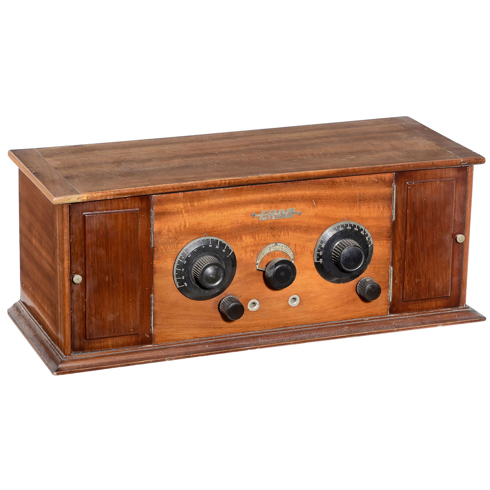 French ERDM Radio, 1924  4-valve battery receiver, MW, wooden case with 2 doors, 2 compartments with