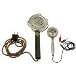 2 Hand-Held Carbon Microphones  1) English carphone, handsome nickeled brass case, found in Rolls-