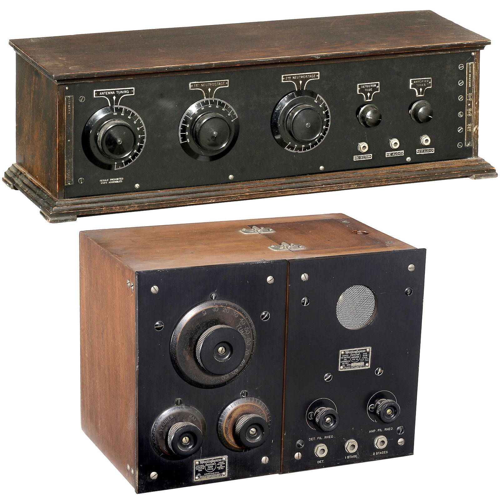 2 Early American Tube Radios  1) Westinghouse radio set, c. 1921, type RA + DA, serial no. 58168,