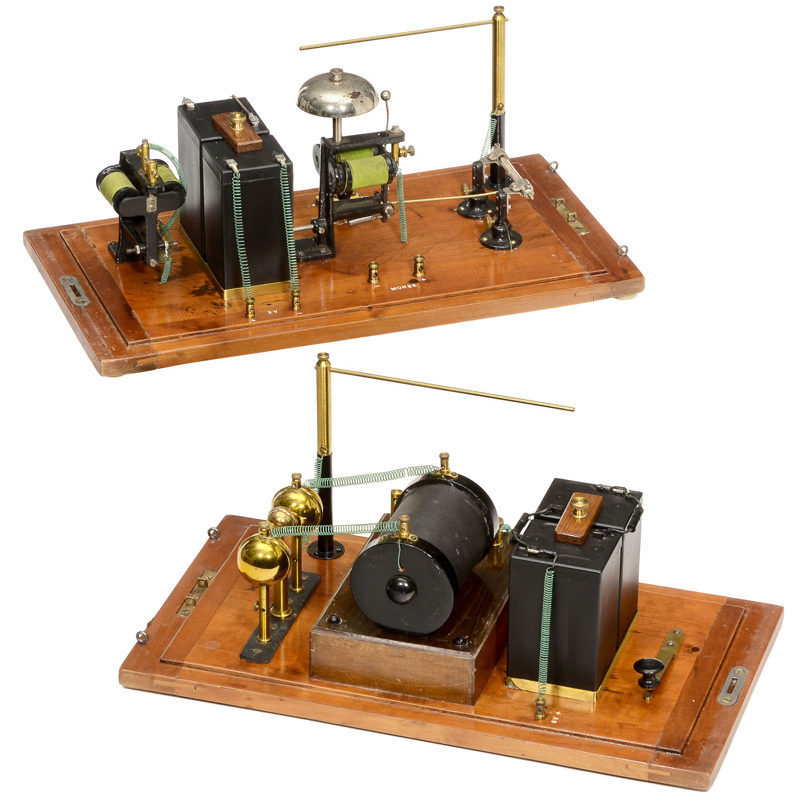 The "Atlantic" Wireless Telegraphy Outfit  2-part device, each unit mounted on wooden base, with