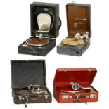 4 Portable Gramophones, c. 1930  1) Columbia No. 100, metal case. – 2) The New Decca 22,