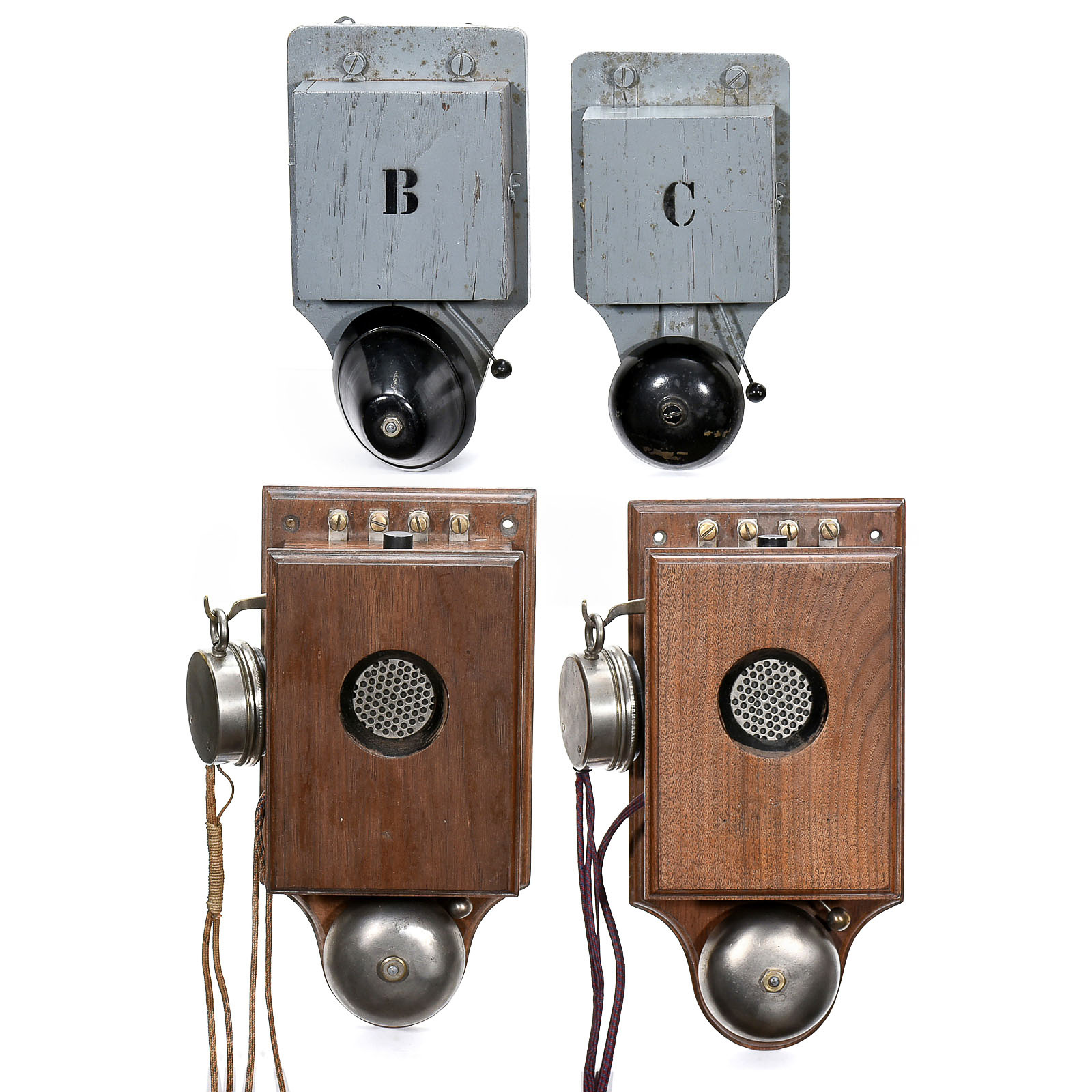 Intercom Telephone System, c. 1920  2 wall telephones, with switches, bells and earphones,
