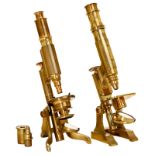 2 Brass Compound Microscopes, c. 1875
Both unmarked, patinated brass, with draw tube and fine