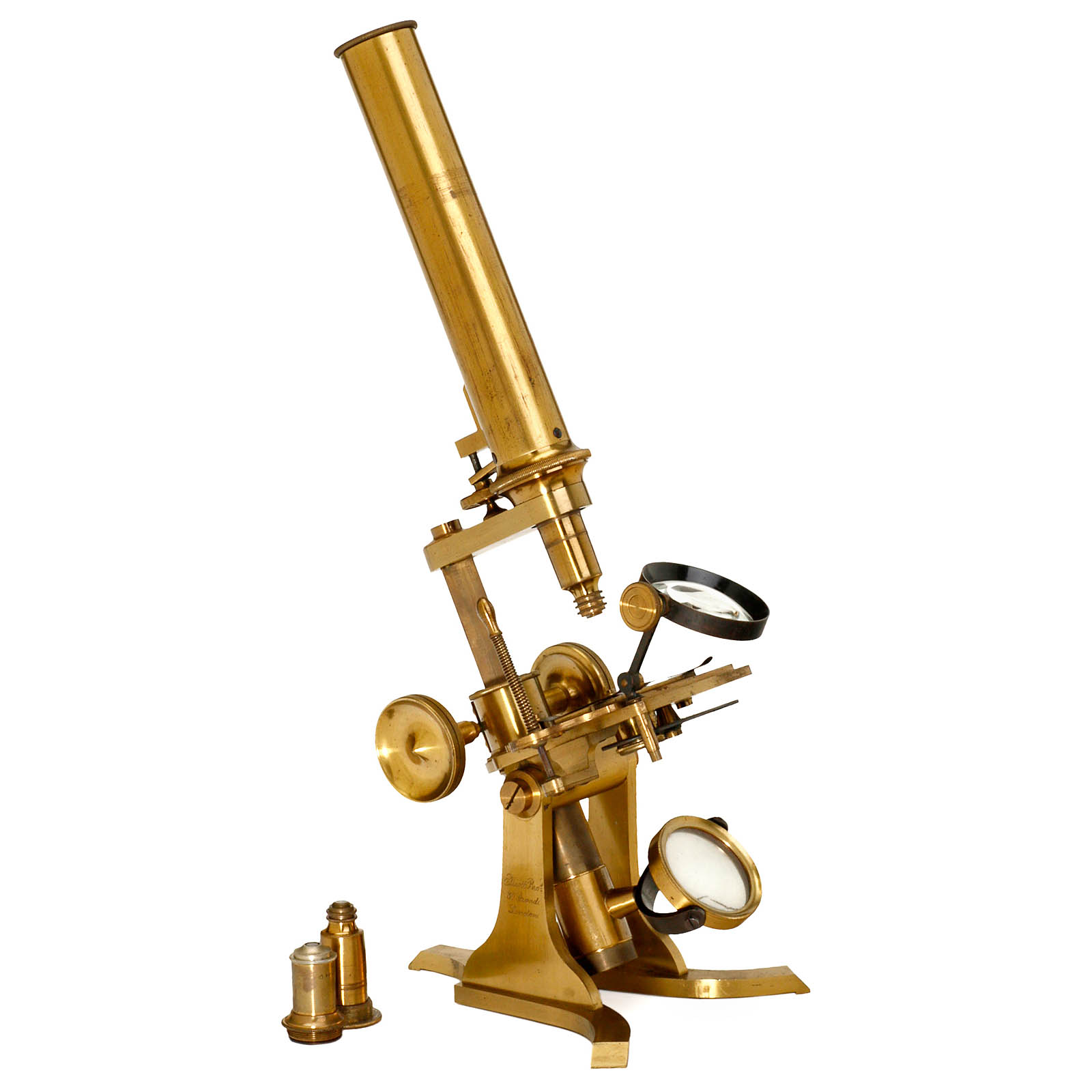 English Compound Microscope by Elliott Bros., c. 1860
Claw-footed base with 2 uprights, 1 side