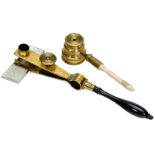 2 Early Simple Microscopes
1) Made of single piece of curved brass, turned wooden handle, with slide