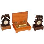 2 Carved Musical Alarm Clocks, c. 1940
1) Interlaken, Switzerland, Heco 7-jewel movement with carved