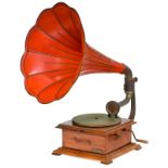 Pathéphone Horn Gramophone, c. 1915
French dealer's label, flower horn, Pathé bakelite reproducer,