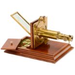 Small Solar Microscope, c. 1780
Unsigned, original lacquered brass, rectangular 7 x 2 1/3 in.