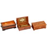 3 Musical Boxes by Thorens, 1940 onwards
Switzerland. 1) 6-air musical box with inlaid rosewood-