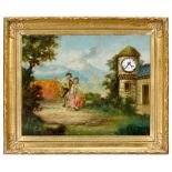 Picture Clock with Musical Movement
Oil on sheet metal, depicting a courting couple in front of