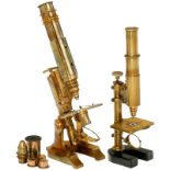 2 Brass Compound Microscopes, c. 1880
Unsigned, patinated brass. 1) Double-mirror, tilting stand,