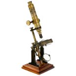 Large Unusually Constructed Microscope
Unmarked, lacquered and bronzed brass, walnut foot, convex