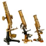 3 Brass Compound Microscopes, 1860–80
Unsigned instruments, original lacquered brass, japanned