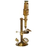 Gould-Type Microscope, c. 1790
Unmarked, original lacquered brass, round foot, single mirror,