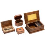 4 Small Swiss Musical Boxes
Reuge CH 2/50 movement in jewelry box; Reuge CH 1/36 movement playing