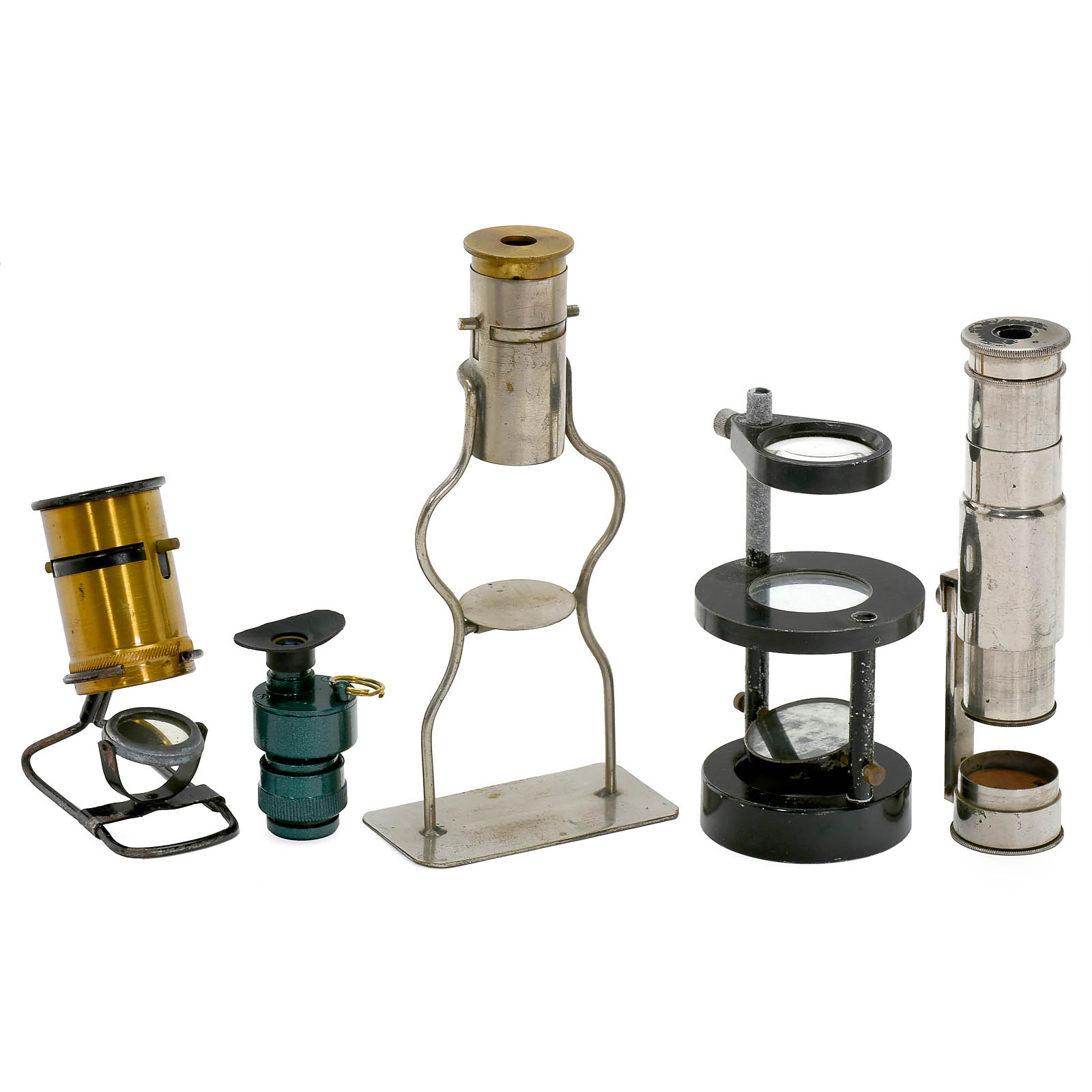 5 Simple Microscopes and Magnifiers
1) Linen tester, tilting stage, nickeled brass, height 5 ½