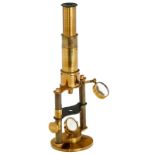 Brass Compound Microscope, c. 1870
Unmarked, original lacquered brass, 2 pillars. 1 pillar