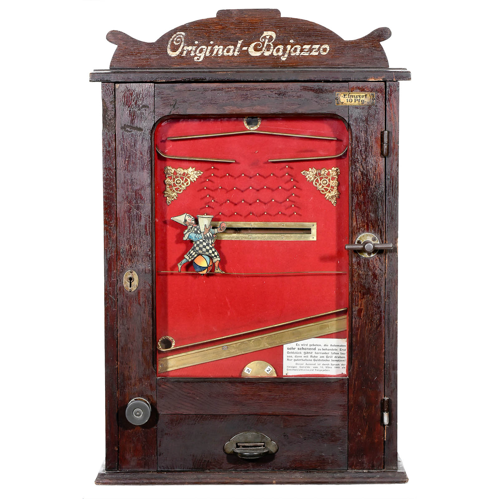 Original-Bajazzo Arcade Machine, c. 1925
Mechanical skill tester, coin slot for 10 Pf. or similar