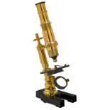 Brass Compound Microscope, c. 1880
Unsigned, japanned iron horseshoe base, original lacquered brass,