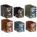 6 "Beau Brownie" Cameras, 1930 Eastman Kodak. 1–3) Brownie Beau No. 2, for film type 120, colors: