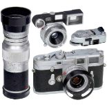 Leica M3 Outfit, 1964 Leitz, Wetzlar. No. M3-1097428, single-stroke advance. With 3 lenses: 1) Elmar