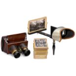 2 Hand Stereo Viewers and Stereo Cards 1) Unmarked, Brewster-type stereoscope, c. 1870, for slides