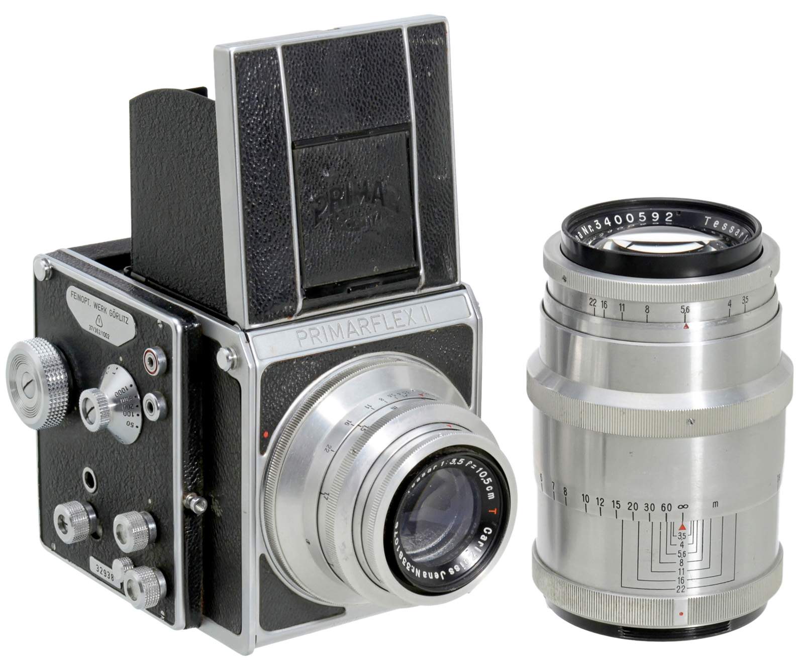 Primarflex II with 2 Lenses, c. 1950 Feinopt. Werk Görlitz. No. 32938, size 6 x 6 cm, focal plane