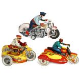 3 Large Tin Toy Motorcycles, 1960 onwards
1) Marx, USA. "Rookie Cop", with sidecar, lithographed,