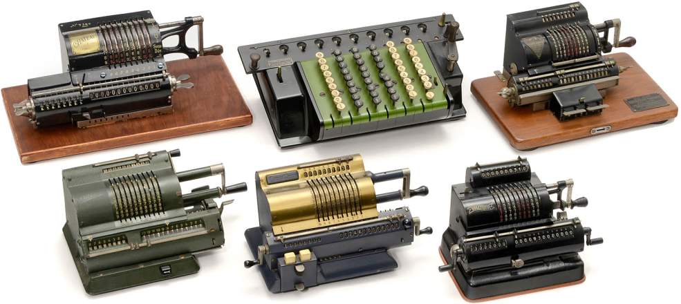 6 Calculating Machines
1) Chateau, #7369. - 2) Walther RMK. - 3) TIM Mod. 1, keyboard. - 4) Marchant