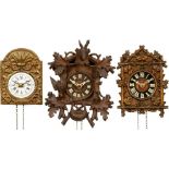 3 Small Black Forest "Jockele" Wall Clocks, c. 1920
Wood-plate pendulum movements, 1 x front with