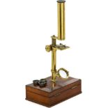 English Travel Microscope, c. 1850
Box labeled "Whitehouse, 43 Warwick St., Pimlico", mahogany box