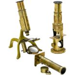 3 Small Brass Microscopes, c. 1885
1) Drum microscope, single mirror, draw tube, height 6 ¾ in.,