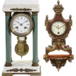 2 Lenzkirch Timepieces, c. 1900
1) Mantel clock with matching bracket shelf, enamel dial (chips