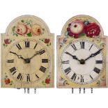 2 Small Black Forest "Jockele" Shield Clocks, c. 1890
Both with wood plates, brass wheels,