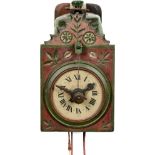 Black Forest Wooden Whell Timepiece, c. 1780
Carved wooden case and hands, repainted face, weight-