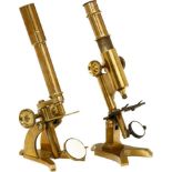 2 Brass Compound Microscopes, c. 1865
Unsigned, probably English. 1) Original lacquer, double