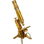 Compound Microscope, c. 1870
Unmarked, original lacquered brass, iron base, double draw tube