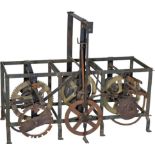 Large Tower Clock Movement
Unmarked, mortised iron frame, 3 trains, size 53 x 37 ½ x 41 ¾ in.
