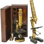 2 French Compound Microscopes
1) "G. Oberhaeuser et E. Hartnack, Place Dauphine 21, Paris", original