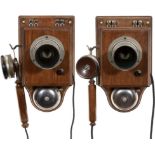 2 Wall Telephones by Mix & Genest, c. 1900
No. 125876 and 125935, walnut cases, alarm bells,