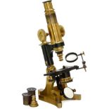 French Brass Microscope with Varley Stage, c. 1880
Unmarked, original lacquered and blackened brass,