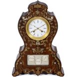 Calendar Mantel Clock, c. 1880
Unmarked, France, rosewood case, front inlaid with brass and mother-