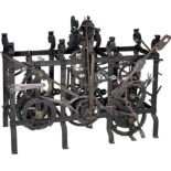 Large Tower Clock Movement, c. 1880
Unmarked, mortised iron frame, 3 trains, 1 crank, 2 regulators