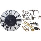 Tower Clock Spare Parts, c. 1900
Ø 42 in. sheet metal dial, 2 pendulums, length 61 and 45 in., 6