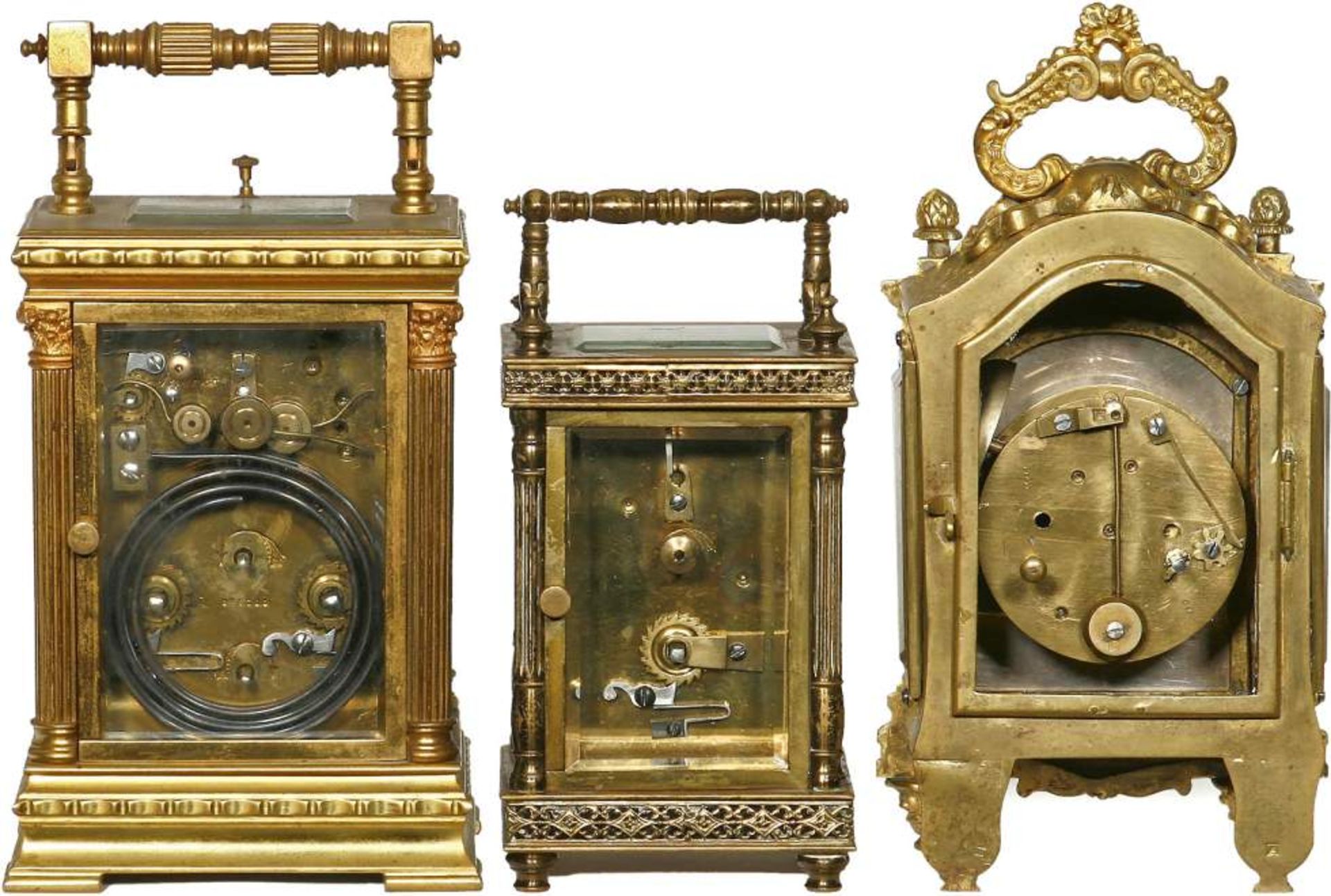 3 Gilt-Brass Carriage Clocks, c. 1900
1) French, dial signed "L. Sandgren & Son", with alarm and - Bild 2 aus 2