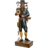 Life-Size Figure of Black Forest Clock Peddler
In 18th century dress, carved wood, gesso and painted