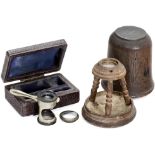 2 Simple Microscopes of Varied Form
1) Lens on tripod, turned fruitwood, with cartouche, height 2