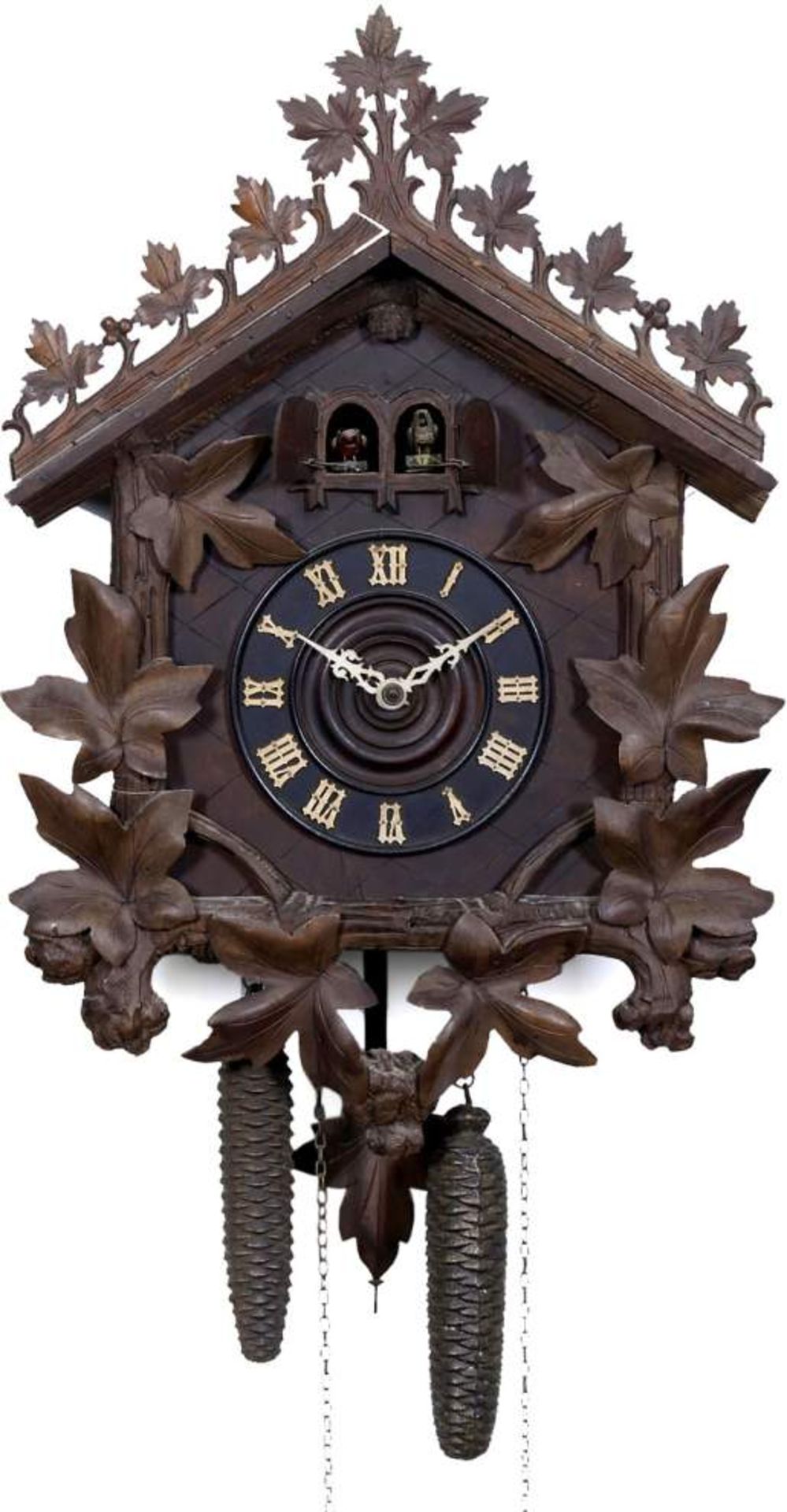 2 Black Forest Cuckoo Clocks, c. 1900
1) Large clock with cuckoo and quail, with 2 pipes each, - Bild 3 aus 3