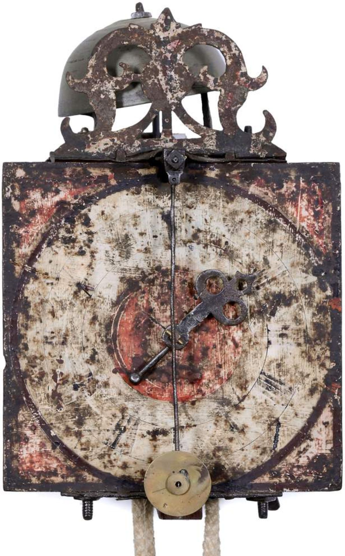 Single-Hand Front Pendulum Iron Clock, c. 1710
Rectangular case, painted face, shaped crest,