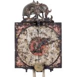 Single-Hand Front Pendulum Iron Clock, c. 1710
Rectangular case, painted face, shaped crest,